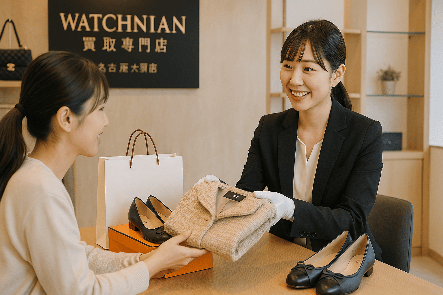ウォッチニアン買取専門店のスタッフがブランド服や靴を査定する様子