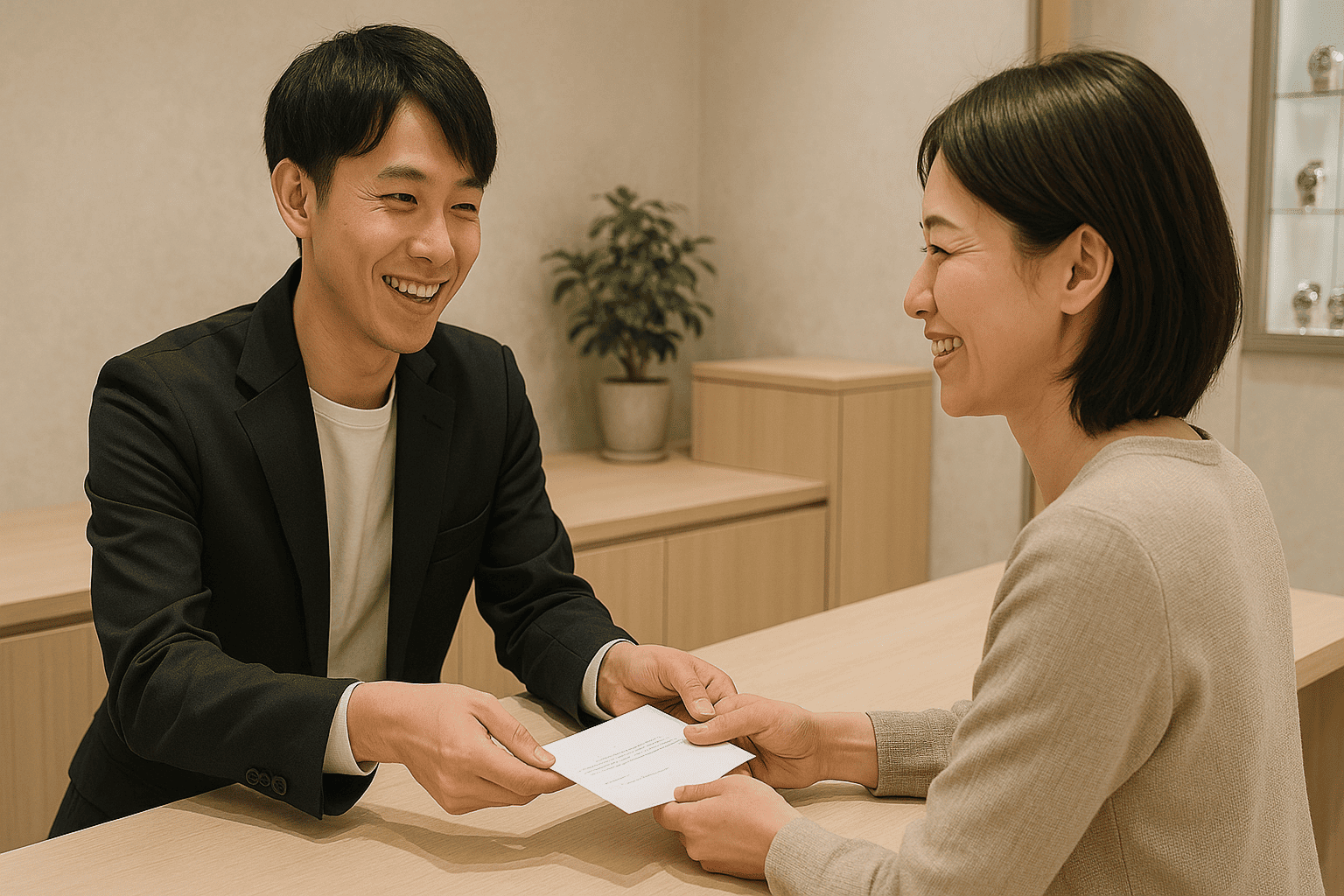 鑑定士と顧客が笑顔で査定結果について話している様子