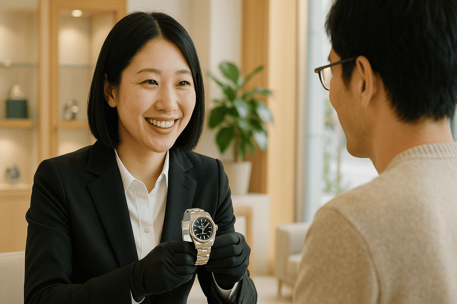 ウォッチニアン買取専門店の親切な日本人鑑定士が、来店した顧客と笑顔でロレックスについて話しているシーン