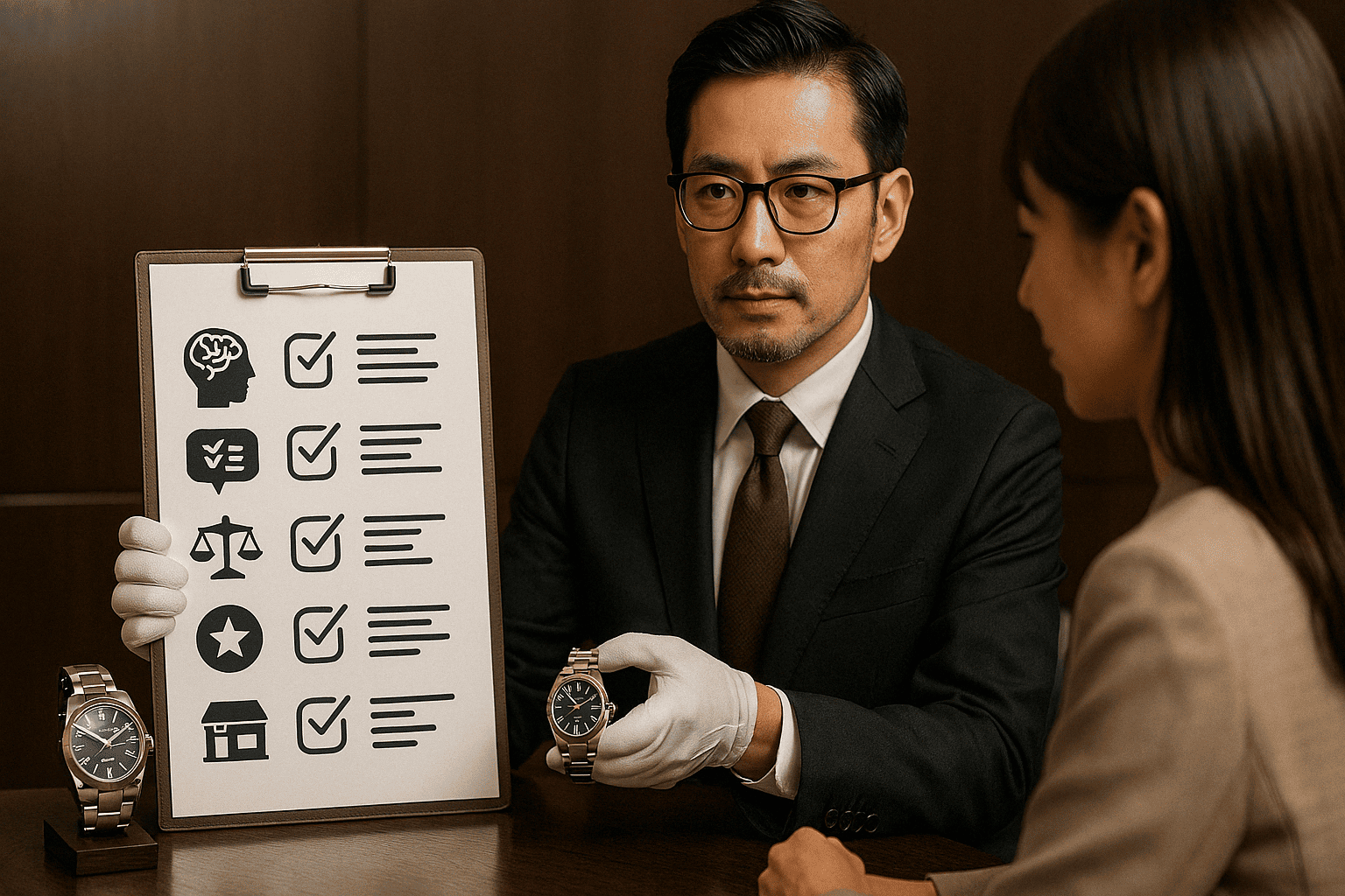 ロレックス買取店選びの7つのチェックポイントを示すアイコン群