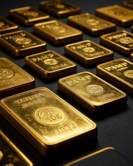 様々なブランドとサイズの金インゴット（延べ棒）のイメージ