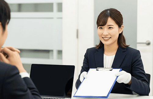 店頭買取のイメージ - 明るい店内で鑑定士とお客様が対話している